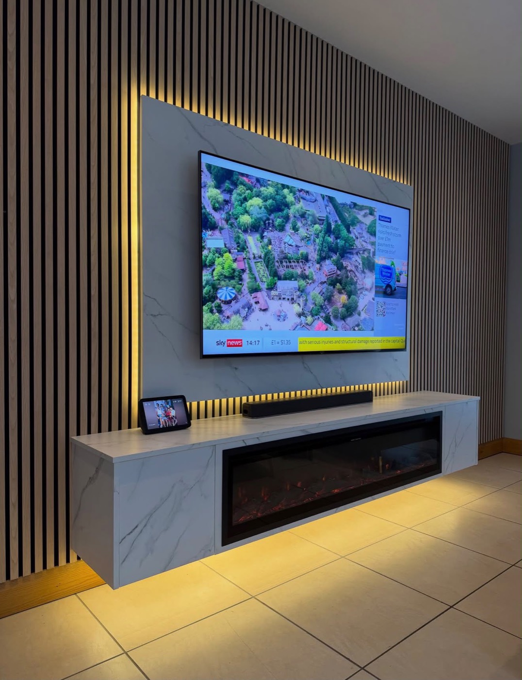 Media wall with 60 inch electric fire and LED lighting